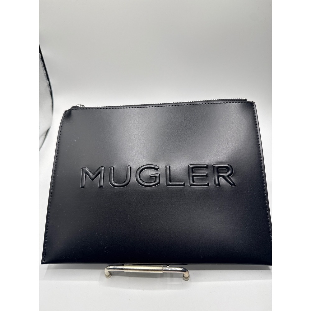 Mugler Black Faux Leather Embossed Logo Zip Top Clutch Bag Accessory